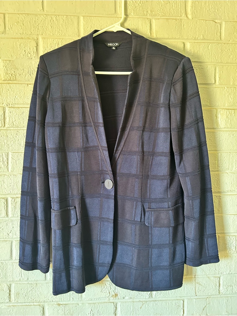Misook Blazer Cardigan Womens Medium Windowpane Plaid Blue Black Career Office‎